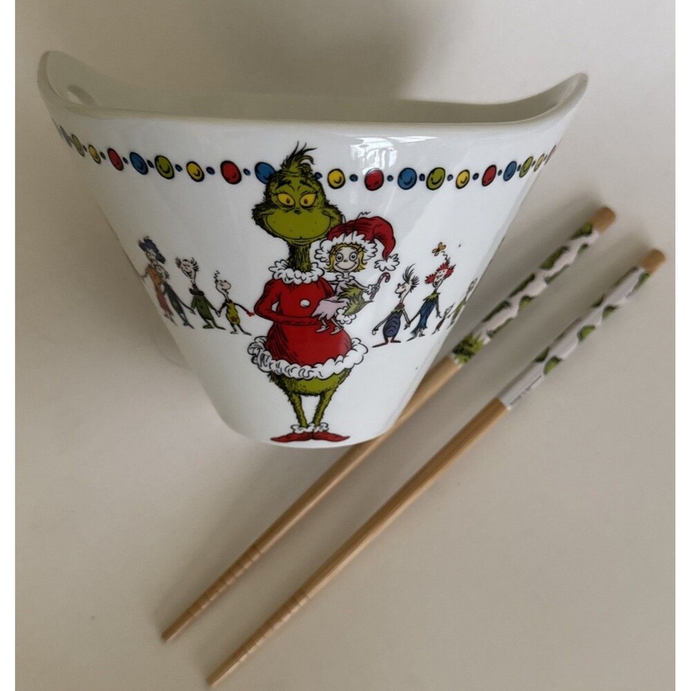 Dr. Seuss Grinch Christmas Noodle Ramen Bowl Chopsticks Set Ceramic New Whoville
